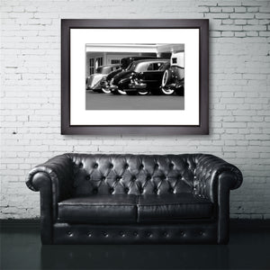Framed Fine Art Print, Vintage Cars, Black and White