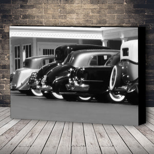 Fine Art Canvas Print, Black & White, Antique Cars