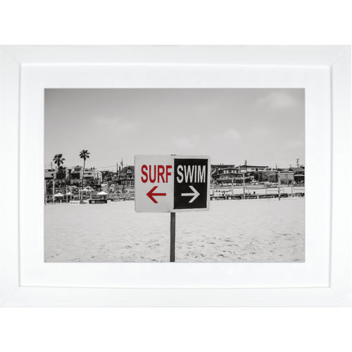 Framed Fine Art Print, California, Beach, Surf Swim Sign