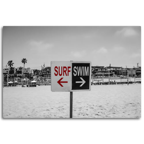 Fine Art Metal Print, Beach Photography, California, Surf Swim Sign